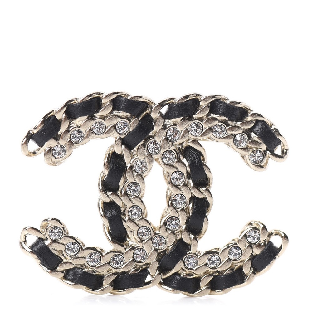 Lambskin Crystal Vintage style Allure CC Chain Brooch Black Gold